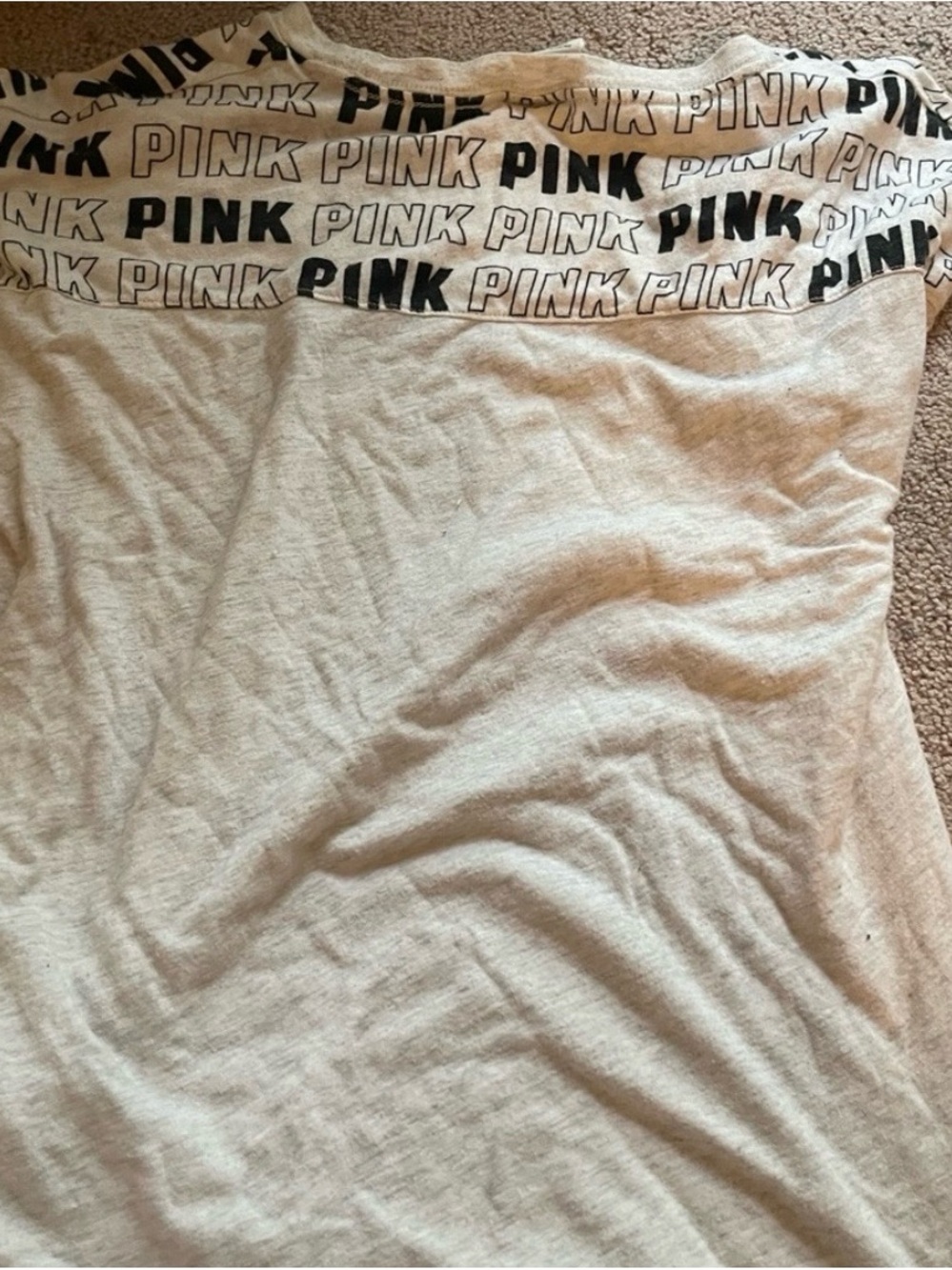 PINK Victoria's Secret Heather Gray Tee with Black Logo and Repeat-Print Yoke - Picture 3 of 4